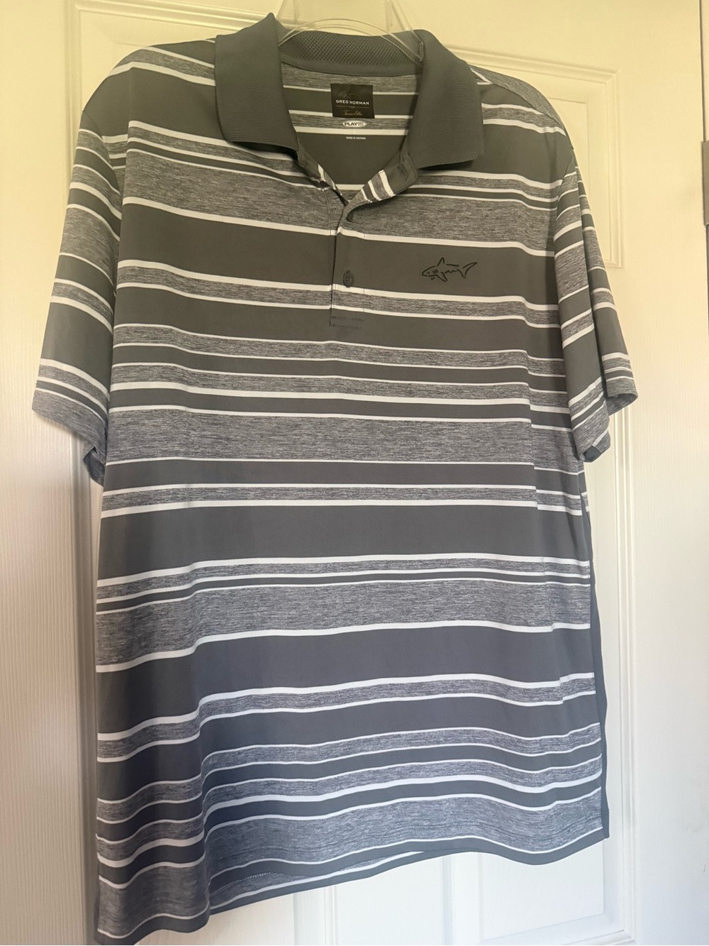 Greg Norman Collection Gray and White Striped Polo with Shark Logo